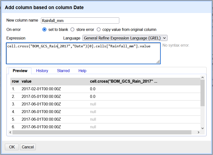 Add a column matching with a key id using GREL cell.cross