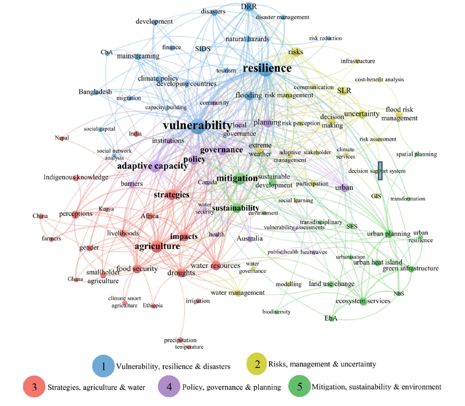 Network visualisation of climate change adaptation literature themes